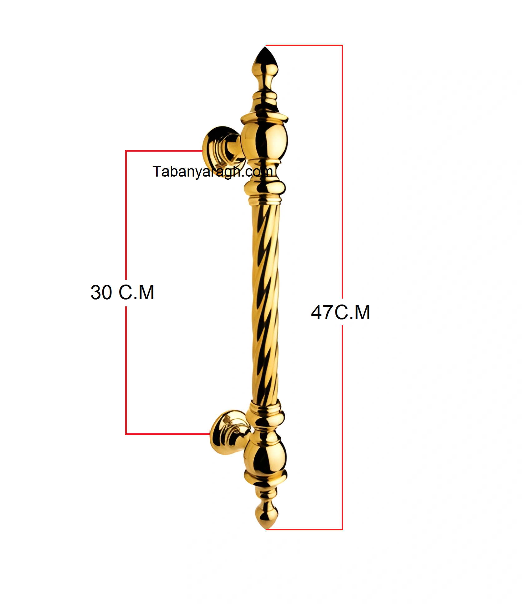 تصویر دقیق ابعاد دستگیره درب ورودی ایلین مدل کیا رنگ طلایی | تابان یراق